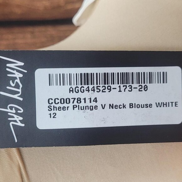 Nasty Gal White Sheer Plunge V-Neck Blouse Size 12 - Picture 4 of 5